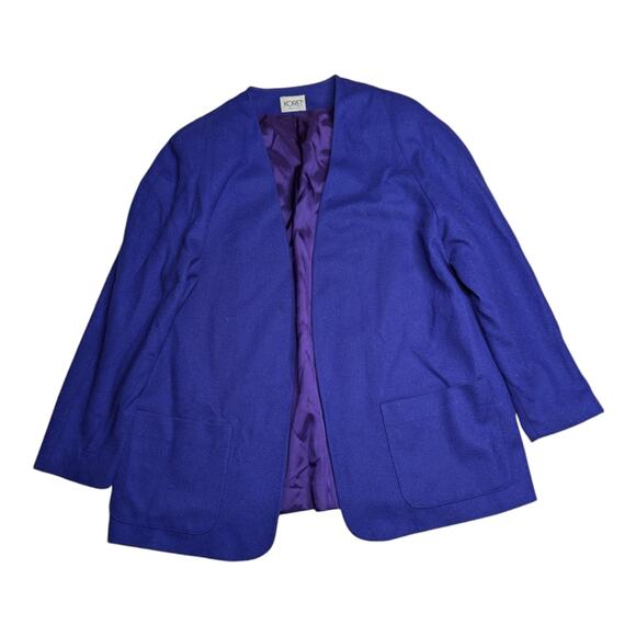 Vtg 1980s Koret Royal Purple 100% Wool Open Front Collarless Blazer Jacket 18W - Picture 1 of 5